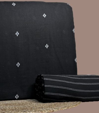 Black handloom top woven with ivory floral butis and a black handloom stripes bottom.