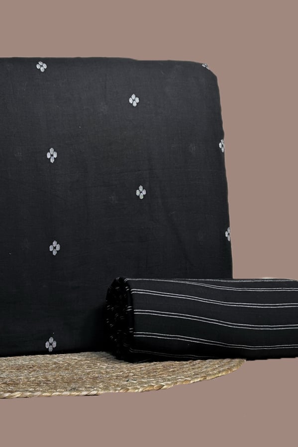 Black handloom top woven with ivory floral butis and a black handloom stripes bottom.