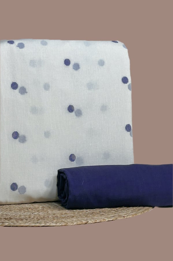 Ivory handloom top woven with indigo and grey dots