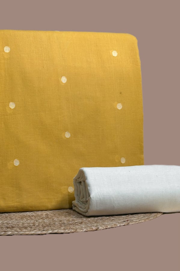 Yellow - 2pc Handloom Woven Design Cotton Top and Handloom Soft Cotton Bottom Fabric Set Mustard handloom top woven with ivory dot butis