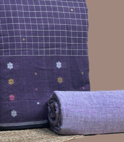 Purple check jamdani top woven with multicolour floral butis and a plain lavender bottom.
