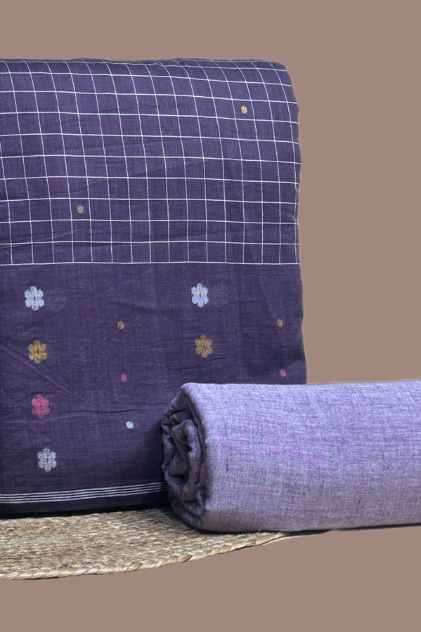 Purple - 2pc Jamdani Intricate Woven Cotton Top and Handloom Bottom Fabric Set Purple check jamdani top woven with multicolour floral butis and a plain lavender bottom.