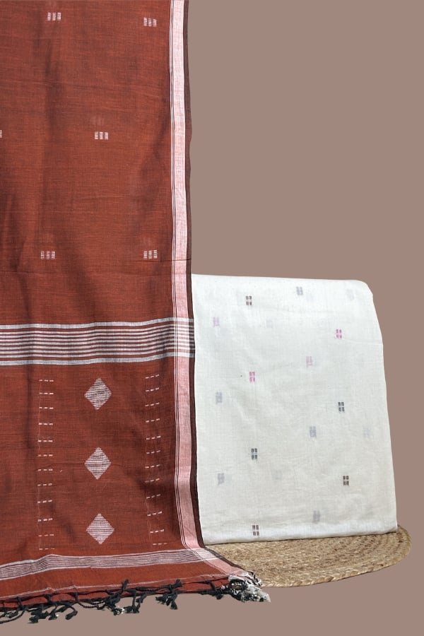 White - 2pc Handloom Cotton Dupatta and Handloom Woven Design Top Fabric Set Rust handloom jamdani dupatta with diamond pallu and an ivory woven buti top.