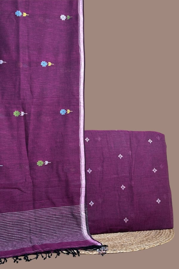 Purple - 2pc Handloom Cotton Dupatta and Handloom Woven Design Top Fabric Set Purple handloom jamdani dupatta with floral butis and a purple woven diamond buti top.