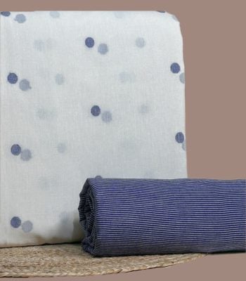 Ivory handloom top woven with indigo dots and a fine indigo stripes bottom.
