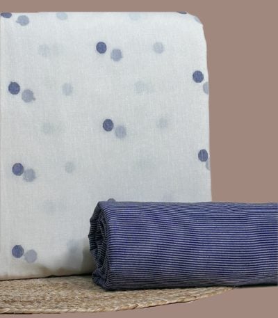 Ivory handloom top woven with indigo dots and a fine indigo stripes bottom.