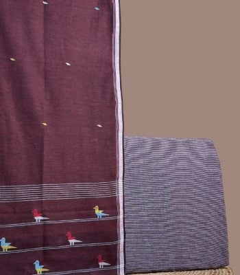 Maroon handloom jamdani dupatta with a woven bird pallu and a gray stripes top.