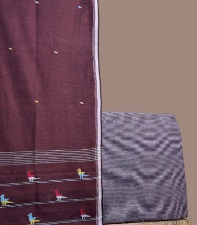 Maroon handloom jamdani dupatta with a woven bird pallu and a gray stripes top.
