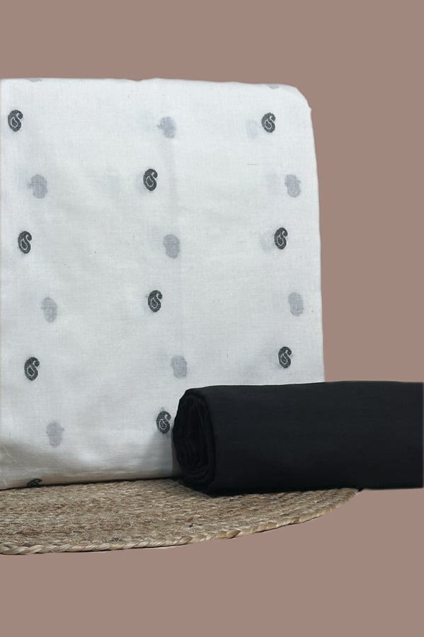 White - 2pc Handloom Woven Design Cotton Top and Handloom Soft Cotton Bottom Fabric Set Ivory handloom top woven with grey paisley butis