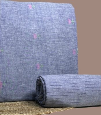 Blue chambray handloom top woven with pink butis and a blue handloom stripes bottom.
