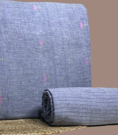 Blue chambray handloom top woven with pink butis and a blue handloom stripes bottom.
