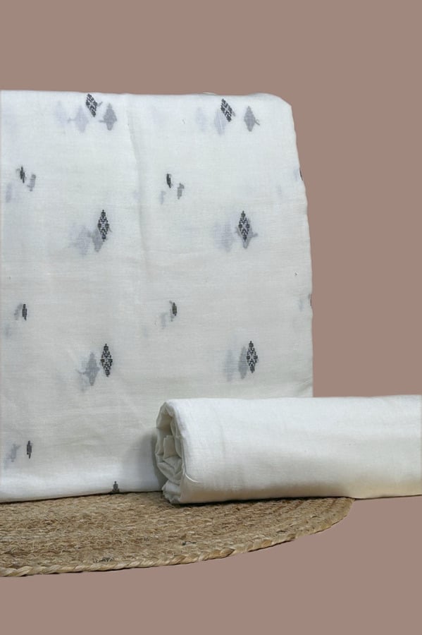 White - 2pc Handloom Woven Design Cotton Top and Handloom Soft Cotton Bottom Fabric Set Ivory handloom top woven with grey diamond butis