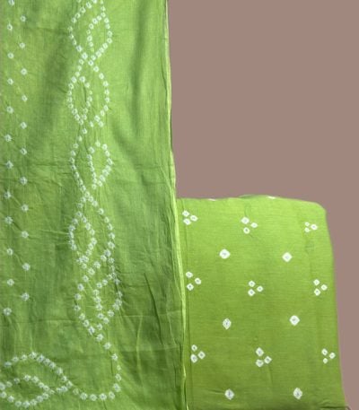 Lime green bandhani dupatta in wave tie dye with a matching lime bandhani top.