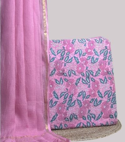 Sheer pink AirLoom Kota dupatta with zari border and a pink floral blockprint top.