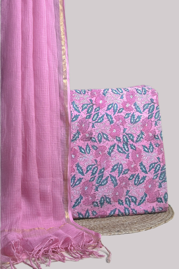 Pink - 2pc AirLoom Kota Dupatta and Blockprinted Soft Cotton Top Fabric Set Sheer pink AirLoom Kota dupatta with zari border and a pink floral blockprint top.
