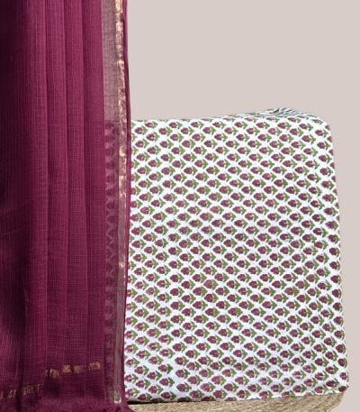 Sheer wine AirLoom Kota dupatta with zari border and an ivory floral buti top.
