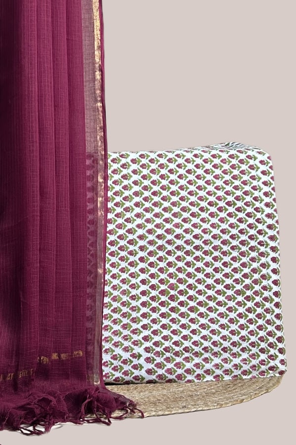 White - 2pc AirLoom Kota Dupatta and Blockprinted Soft Cotton Top Fabric Set Sheer wine AirLoom Kota dupatta with zari border and an ivory floral buti top.