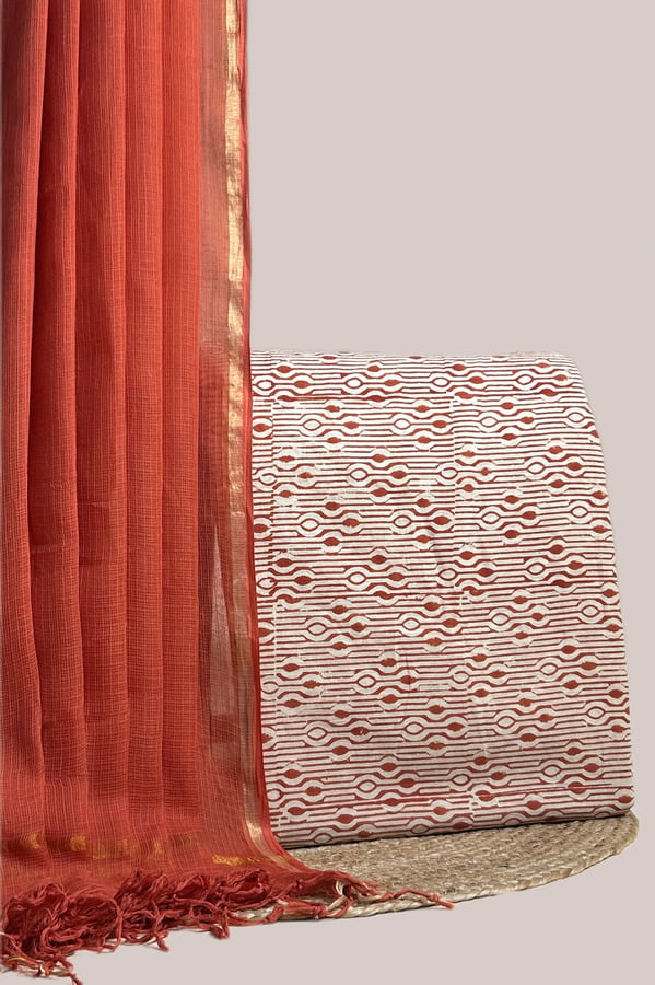 White - 2pc AirLoom Kota Dupatta and Blockprinted Soft Cotton Top Fabric Set Sheer rust AirLoom Kota dupatta with zari border and an ivory rust geometric top.
