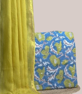Sheer lime AirLoom Kota dupatta with zari border and a blue lime floral top.
