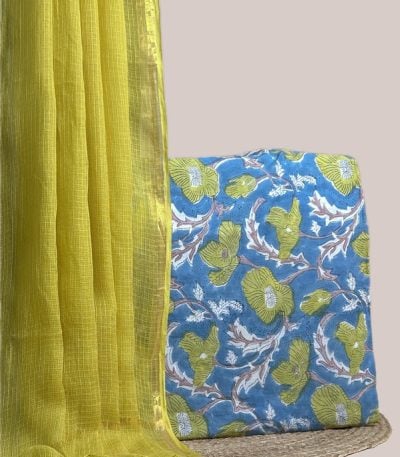 Sheer lime AirLoom Kota dupatta with zari border and a blue lime floral top.