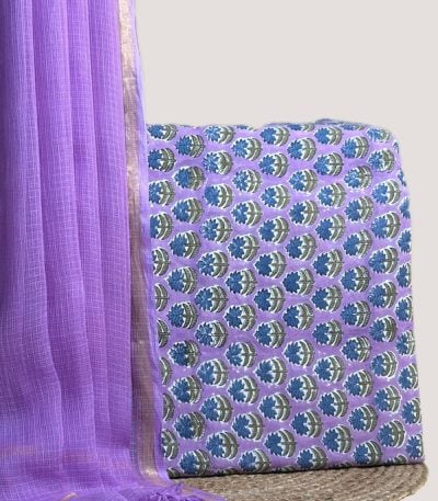 Sheer lavender AirLoom Kota dupatta with zari border and a lavender floral buti top.