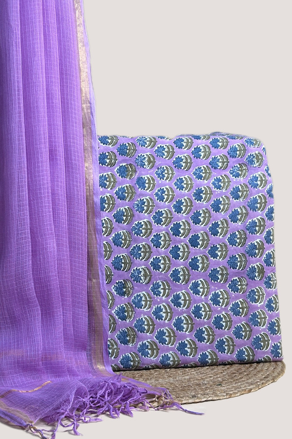 Purple - 2pc AirLoom Kota Dupatta and Blockprinted Soft Cotton Top Fabric Set Sheer lavender AirLoom Kota dupatta with zari border and a lavender floral buti top.
