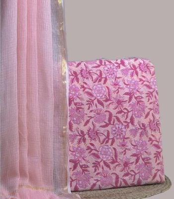 Sheer blush AirLoom Kota dupatta with zari border and a pink floral blockprint top.