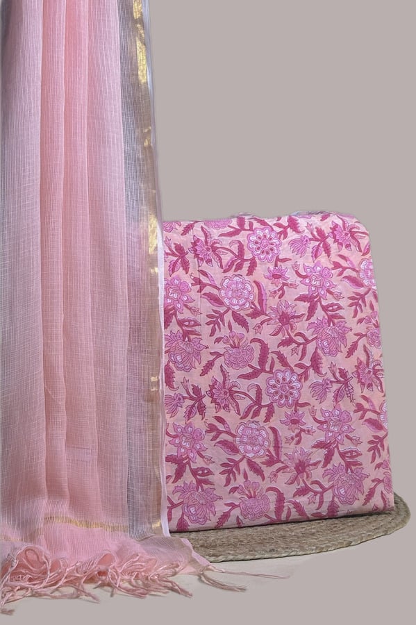 Pink - 2pc AirLoom Kota Dupatta and Blockprinted Soft Cotton Top Fabric Set Sheer blush AirLoom Kota dupatta with zari border and a pink floral blockprint top.