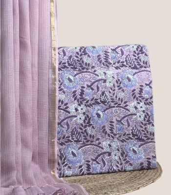 Sheer lilac AirLoom Kota dupatta with zari border and a lilac blue floral top.