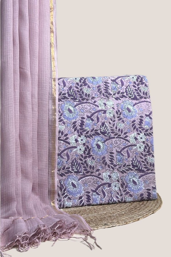 Purple - 2pc AirLoom Kota Dupatta and Blockprinted Soft Cotton Top Fabric Set Sheer lilac AirLoom Kota dupatta with zari border and a lilac blue floral top.