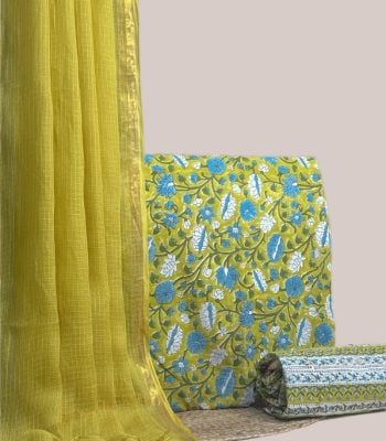 Sheer lime AirLoom Kota dupatta with a lime blue floral top and printed bottom.