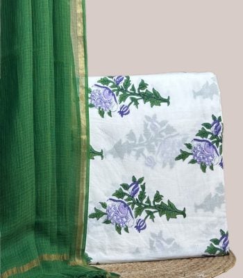 Sheer green AirLoom Kota dupatta with zari border and an ivory purple floral top.