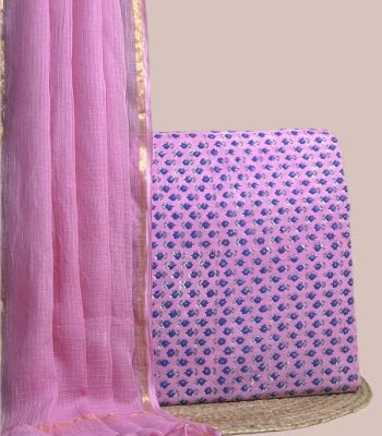 Sheer pink AirLoom Kota dupatta with zari border and a pink blue floral buti top.