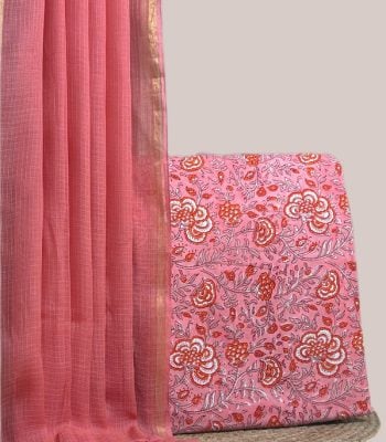 Sheer rose AirLoom Kota dupatta with zari border and a pink orange floral top.