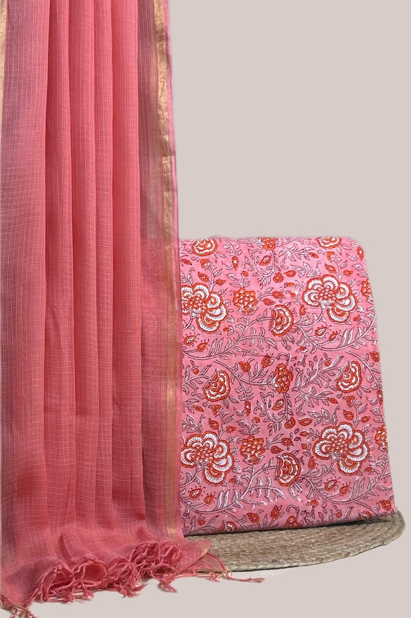 Sheer rose AirLoom Kota dupatta with zari border and a pink orange floral top.