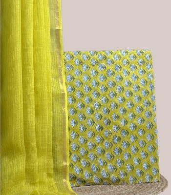 Sheer yellow AirLoom Kota dupatta with zari border and a yellow floral buti top.