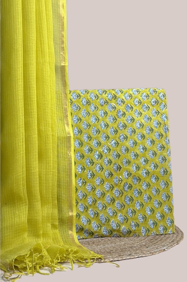 Sheer yellow AirLoom Kota dupatta with zari border and a yellow floral buti top.