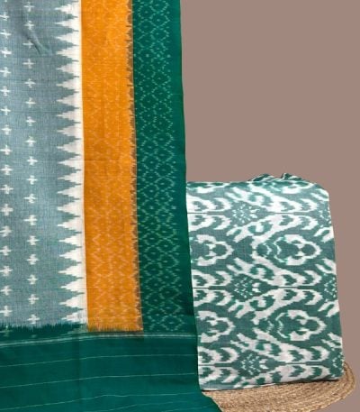 Teal Ikkat dupatta with mustard panel and temple border