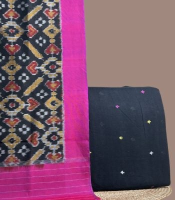Black patola Ikkat dupatta with pink border and a black multicolour woven buti top.