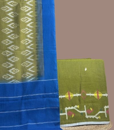Olive Ikkat dupatta with royal blue border and an olive jamdani woven border top.