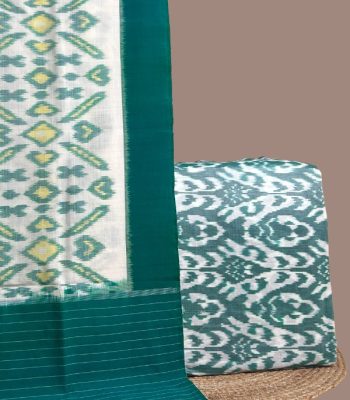 Ivory Ikkat dupatta with yellow motifs and green border