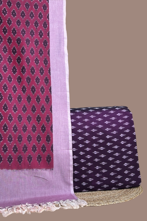 Purple - 2pc Ikkat Dupatta and Ikkat Top Fabric Set Deep purple ikkat top with diamond motifs