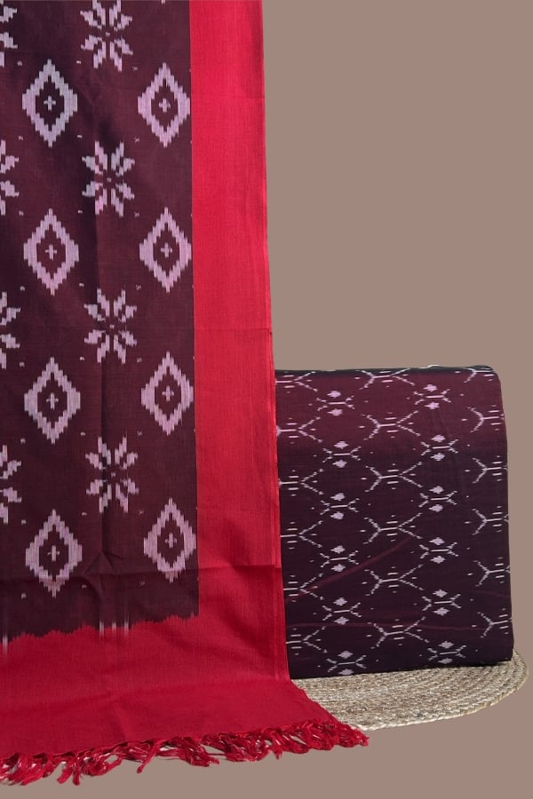 Red - 2pc Ikkat Dupatta and Ikkat Top Fabric Set Maroon ikkat top with geometric motifs