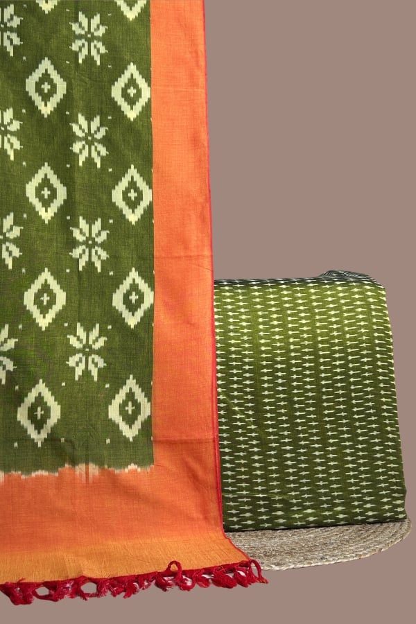 Olive green ikkat top with dash motifs