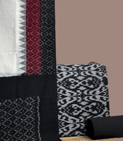 Black-white bold ikkat top with plain black handloom bottom