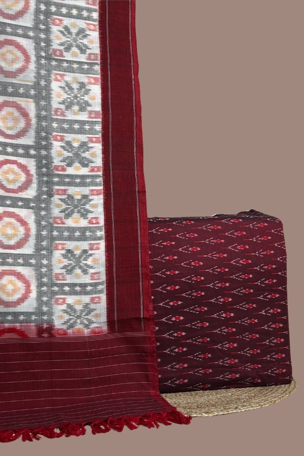 Red - 2pc Ikkat Dupatta and Ikkat Top Fabric Set Maroon ikkat top with floral motifs