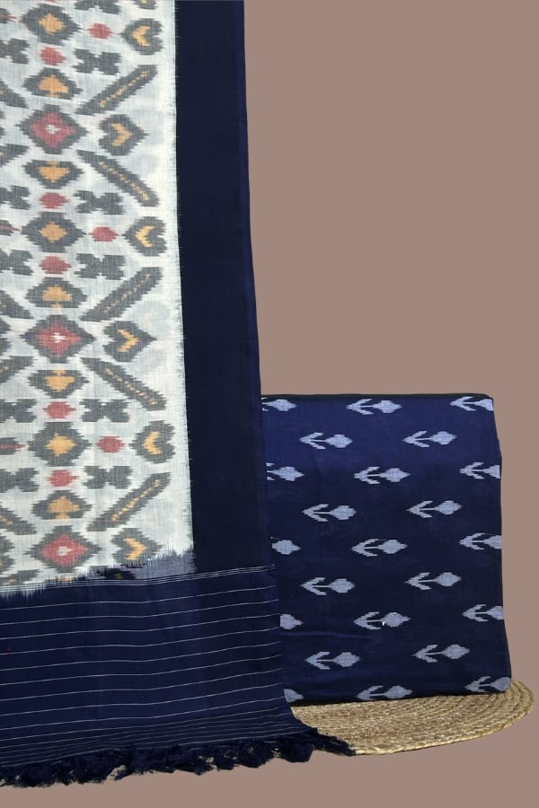 Blue - 2pc Ikkat Dupatta and Ikkat Top Fabric Set Navy blue ikkat top with floral motifs