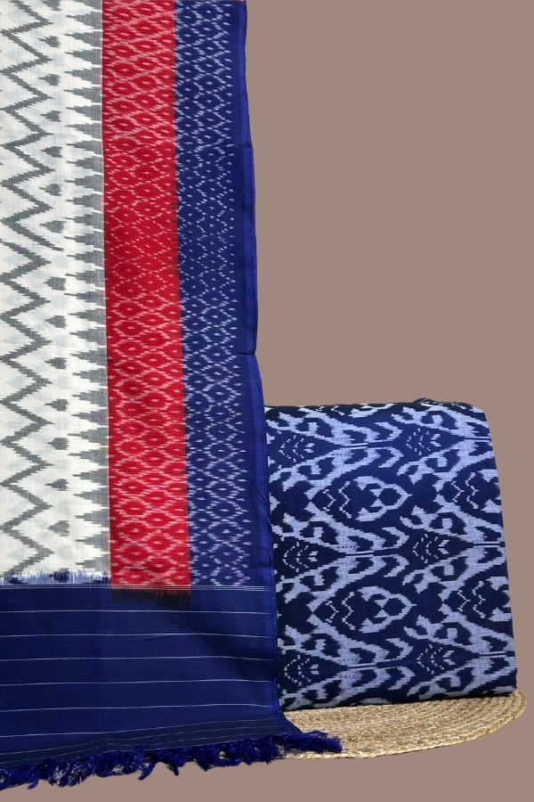 Blue - 2pc Ikkat Dupatta and Ikkat Top Fabric Set Navy blue bold-motif ikkat top
