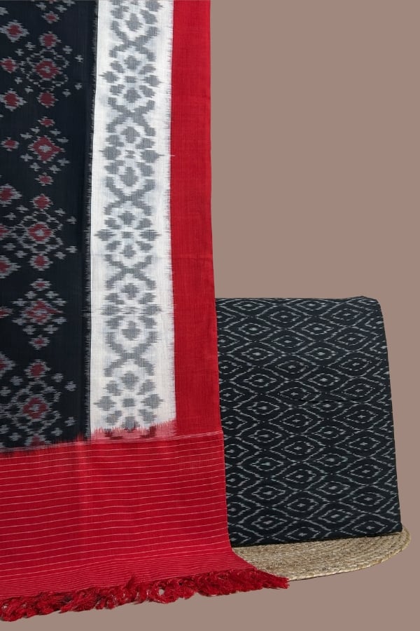 Black - 2pc Ikkat Dupatta and Ikkat Top Fabric Set Black ikkat top with ogee motifs