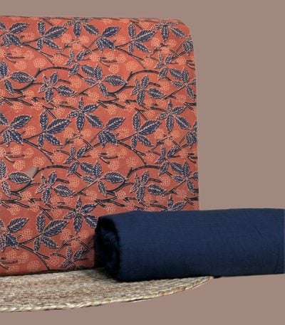Rust Bagru print top with navy leaf vines
